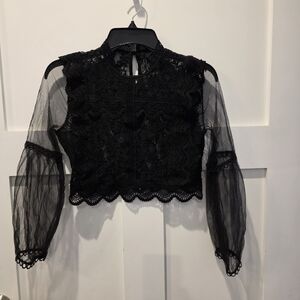 Lace  Sheer Puff Long Sleeve Top Victorian Whimsigoth Boho Chic Mock Neck Small